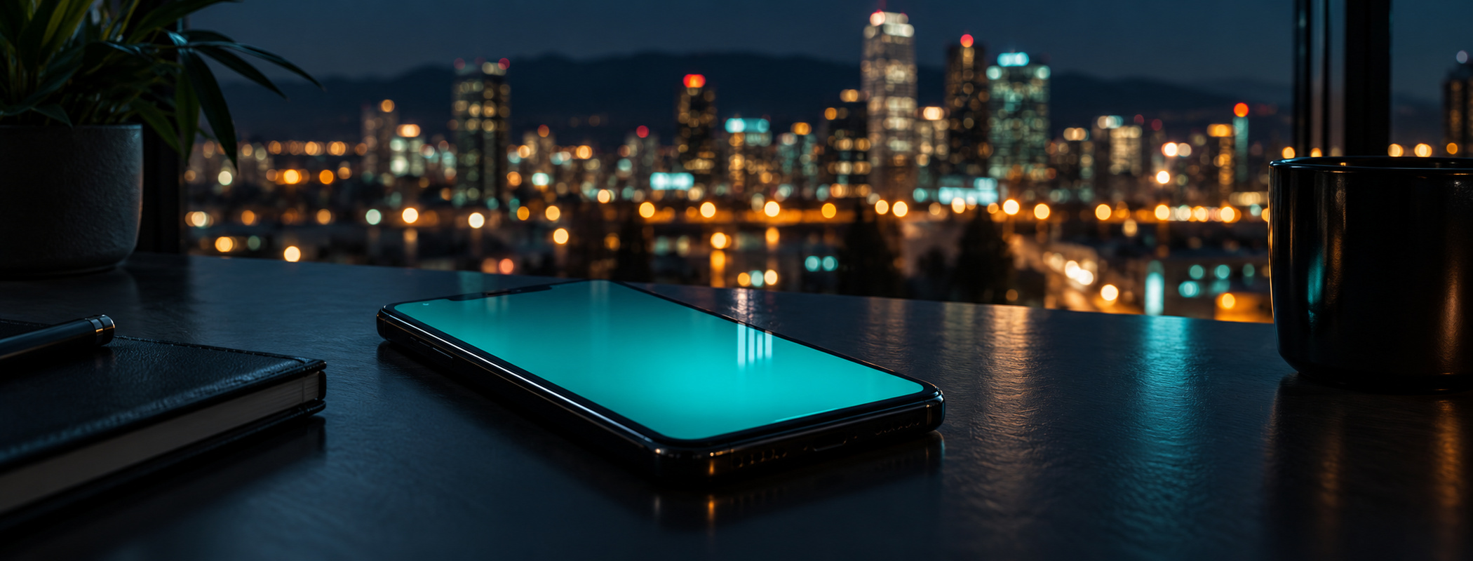 A phone glowing teal in the dark
