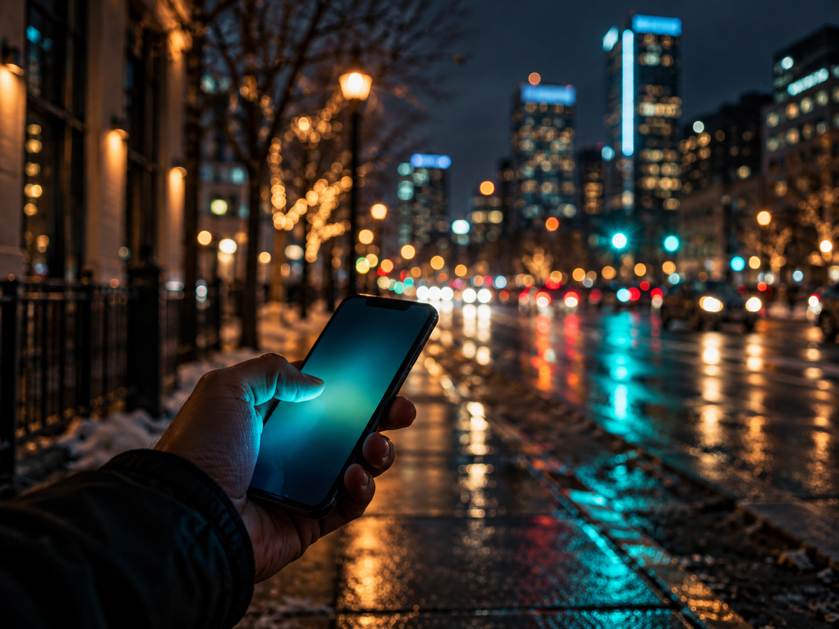 A phone glowing on a night street